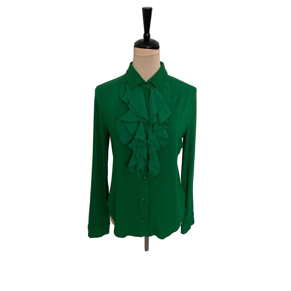 Lauren Ralph Lauren Green Ruffle Front Jabot Long Sleeve Blouse Large